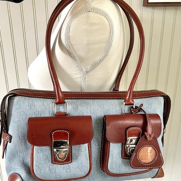 Dooney & Bourke Handbags - Dooney & Bourke Y2K Denim/Chestnut leather satchel in like new condition